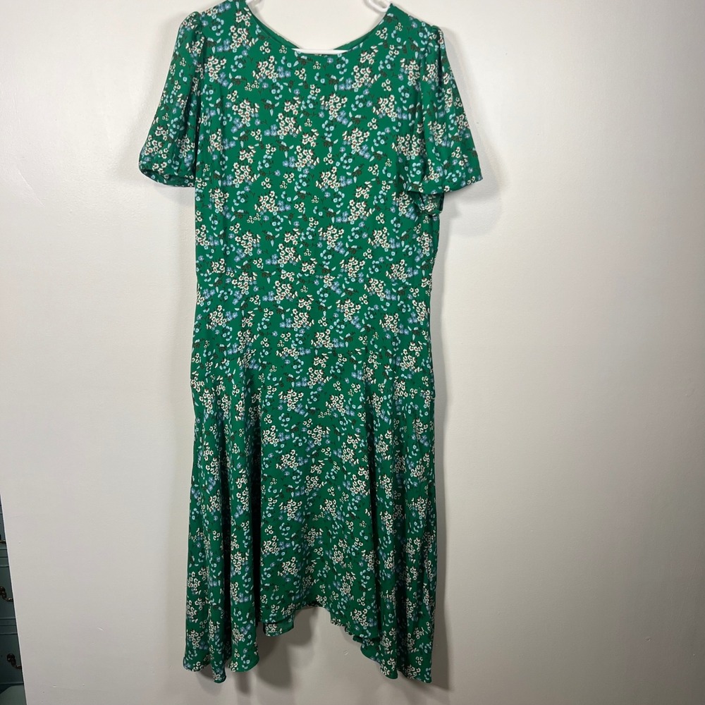 LOFT Womens Floral Puff Sleeve Handkerchief Hem Midi Dress Green 12